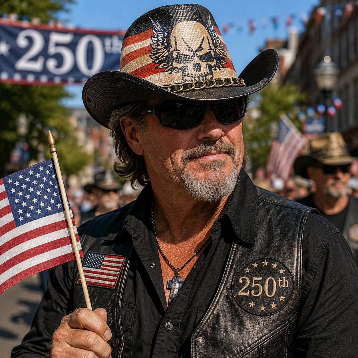 Patriotic Skull Cowboy Fedora Hat, USA Western Biker