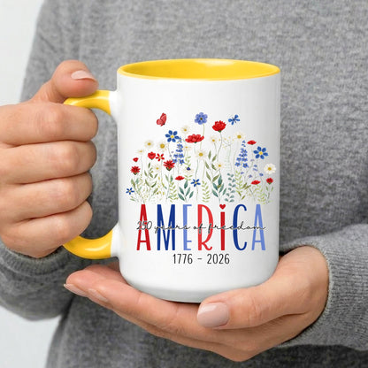 America 250 Years Floral Freedom Mug – Patriotic Wildflower Design (1776–2026)