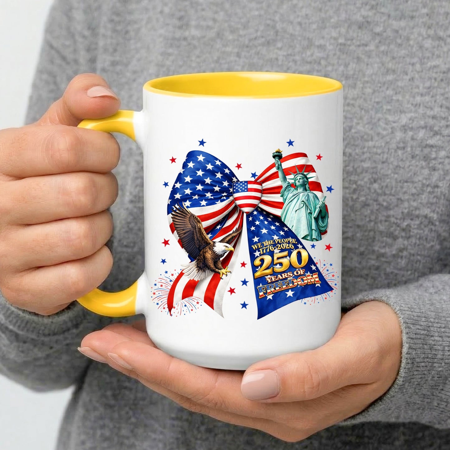 We The People 250 Years of Freedom Patriotic Bow Statue of Liberty Eagle Accent Coffee Mug