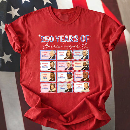Red t-shirt with a graphic design featuring historical figures and text '250 Years of American Spirit' on an American flag background.