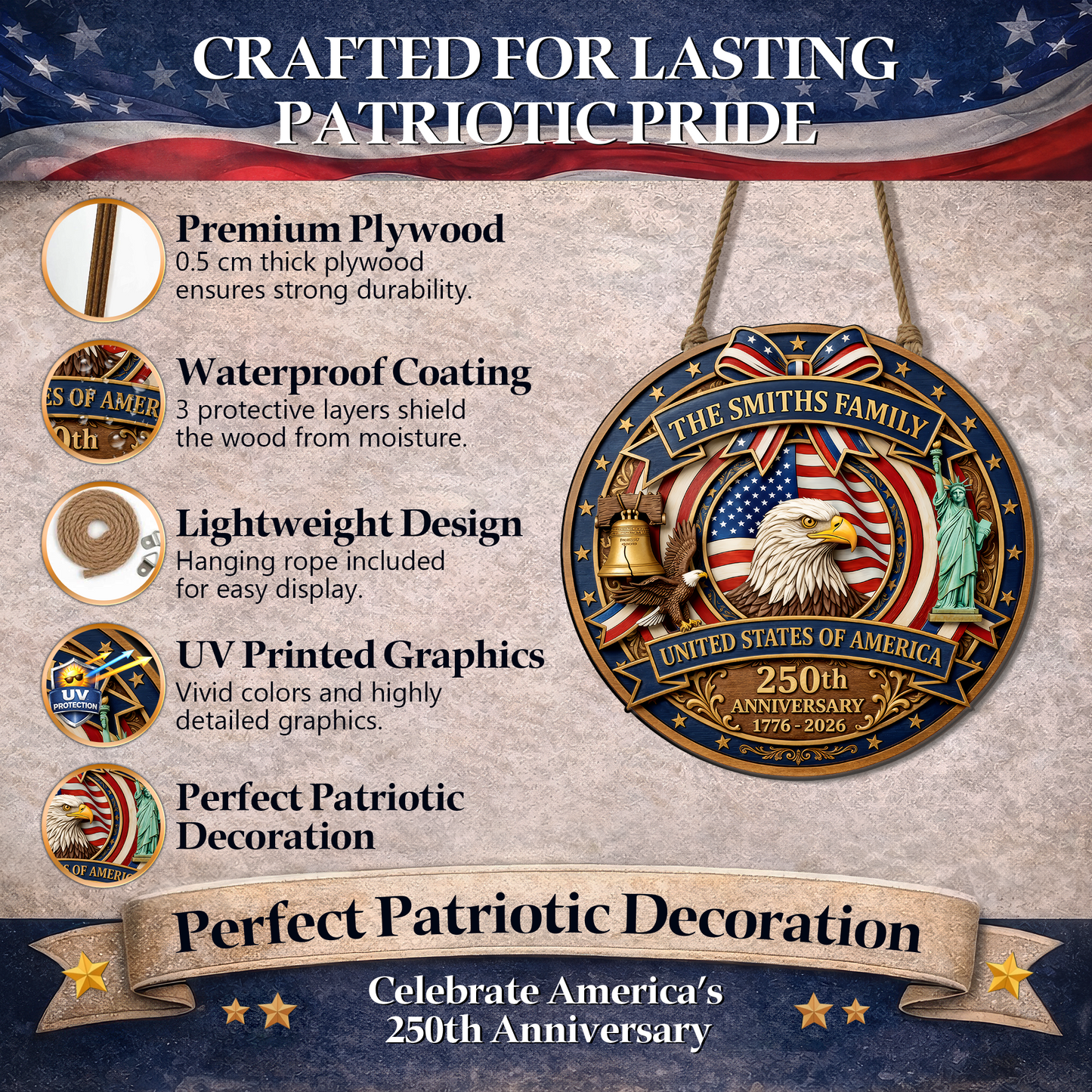 Custom USA 250th Anniversary Wooden Sign, Patriotic Door Hanging Decor