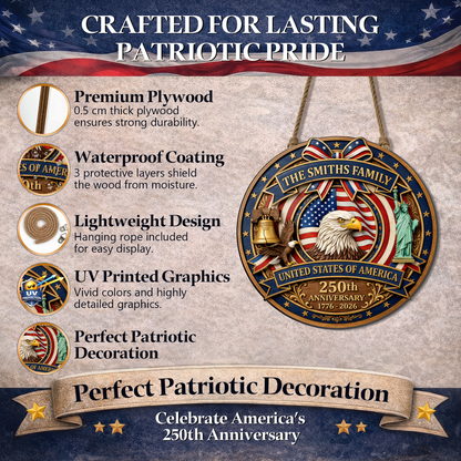 Custom USA 250th Anniversary Wooden Sign, Patriotic Door Hanging Decor