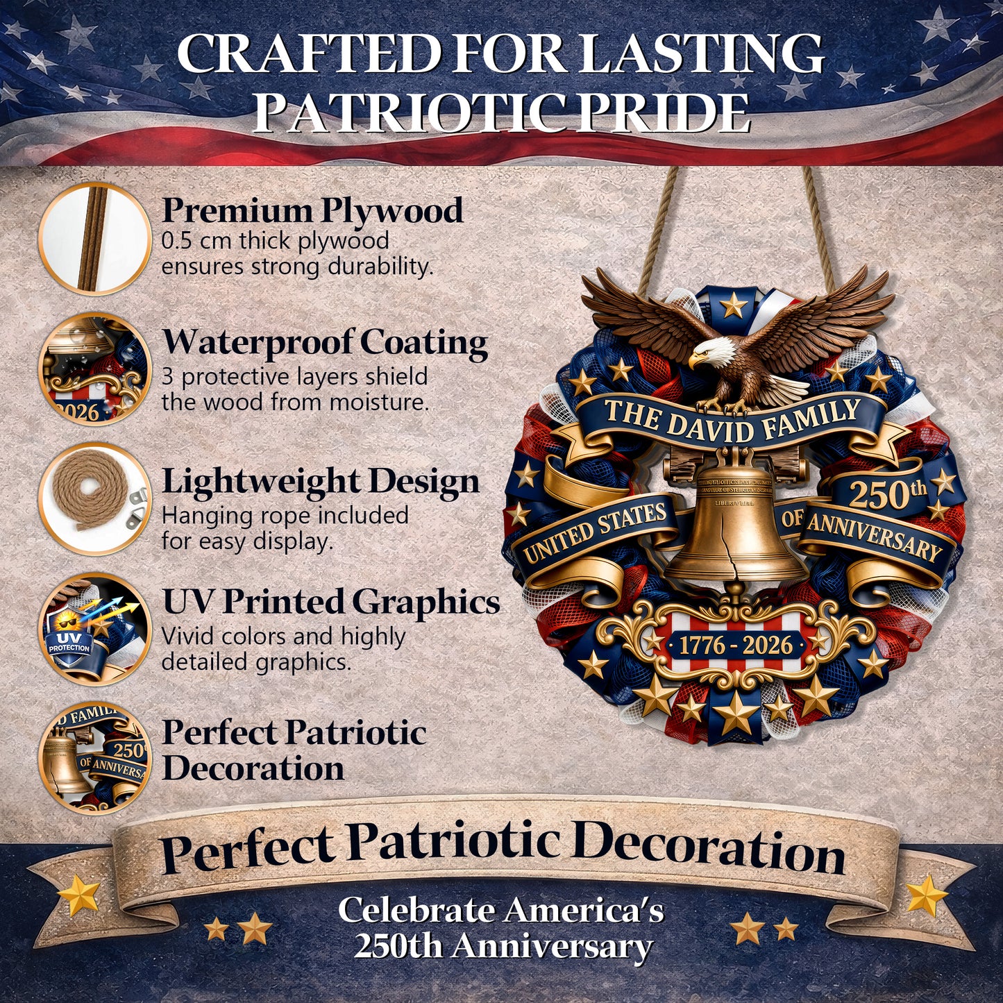 Personalized Patriotic Wood Sign Wreath, USA 250th Anniversary Eagle Bell