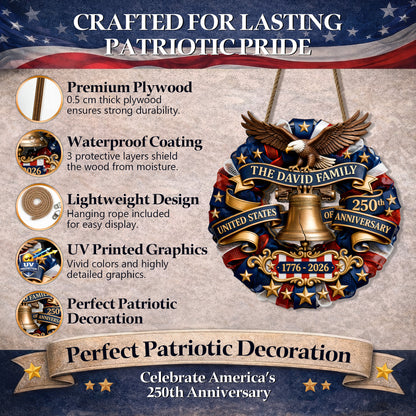Personalized Patriotic Wood Sign Wreath, USA 250th Anniversary Eagle Bell