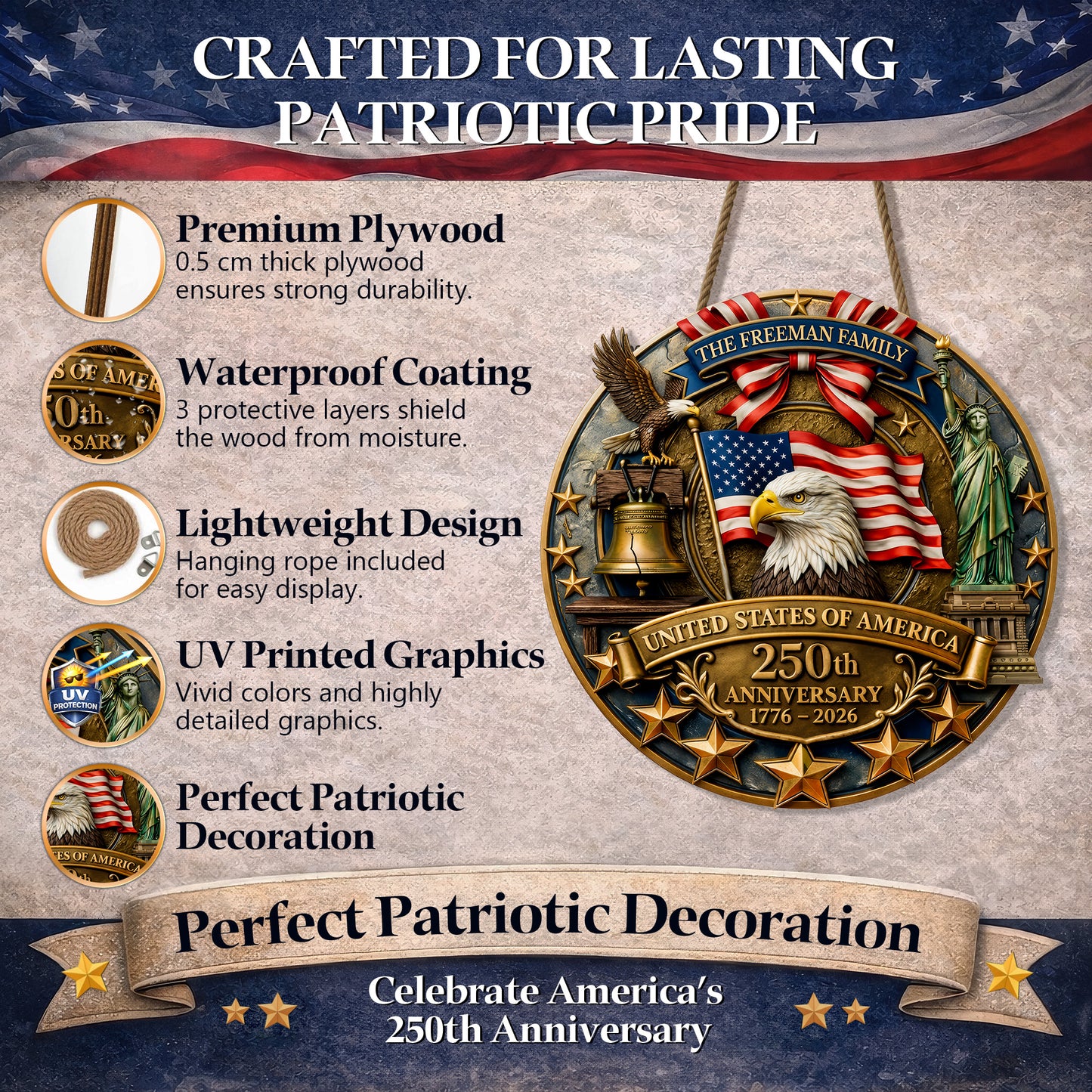 Personalized America 250th Anniversary Wood Wreath, Patriotic Door Sign