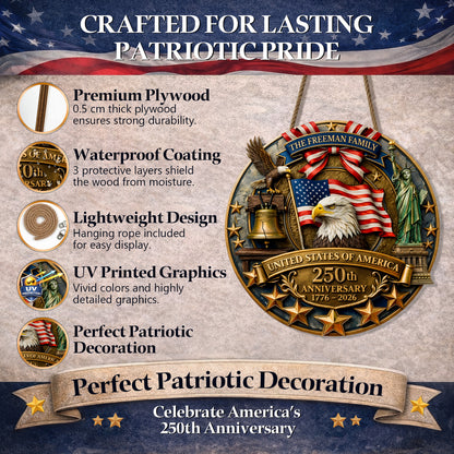 Personalized America 250th Anniversary Wood Wreath, Patriotic Door Sign