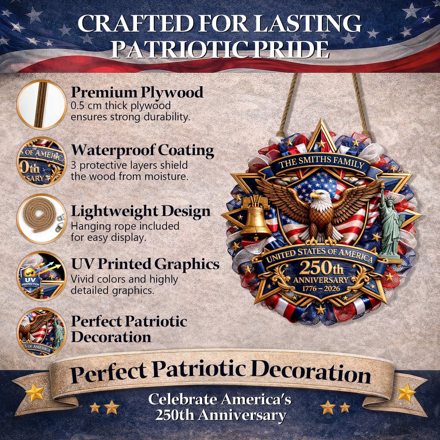 Personalized America 250th Anniversary Wood Wreath