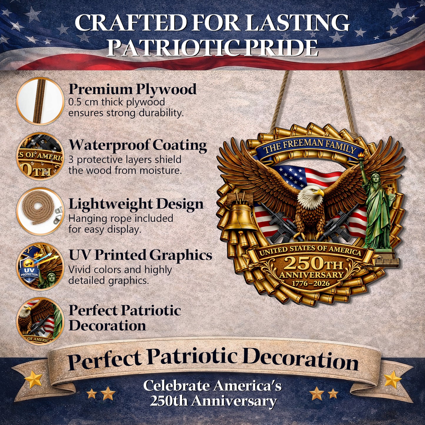 Custom Military Eagle Honor the Brave 250th Anniversary Wood Sign