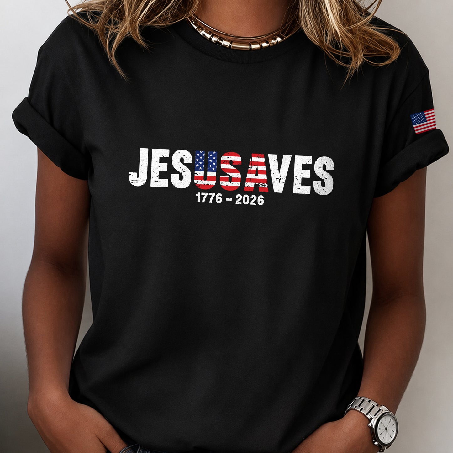 Christian Patriot Jesusave America Flag Sleeve Print T-shirt