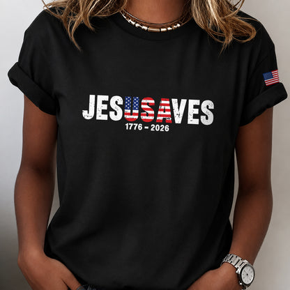 Christian Patriot Jesusave America Flag Sleeve Print T-shirt