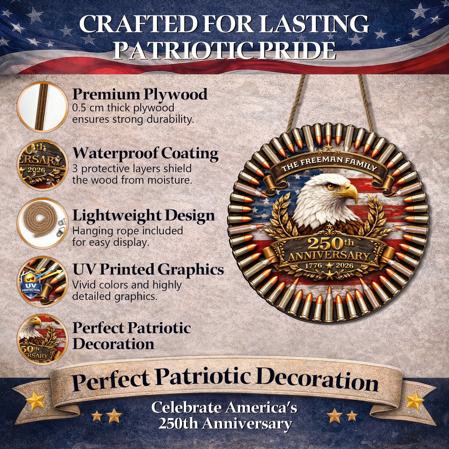 Custom Family Bullet Circle Wooden Sign America 250th Anniversary Veteran