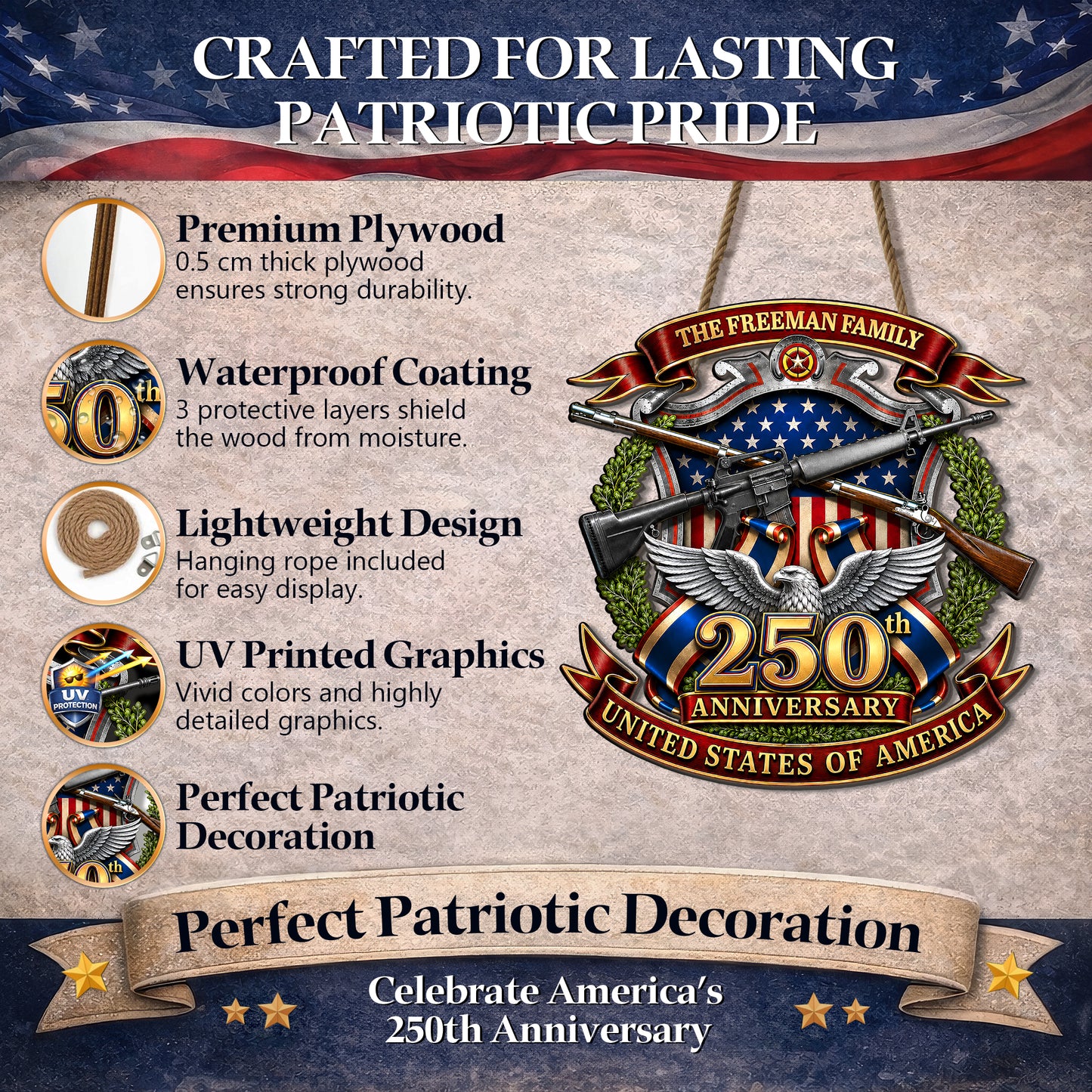 Custom 250th Anniversary USA Wreath Freedom Legacy Wood Sign