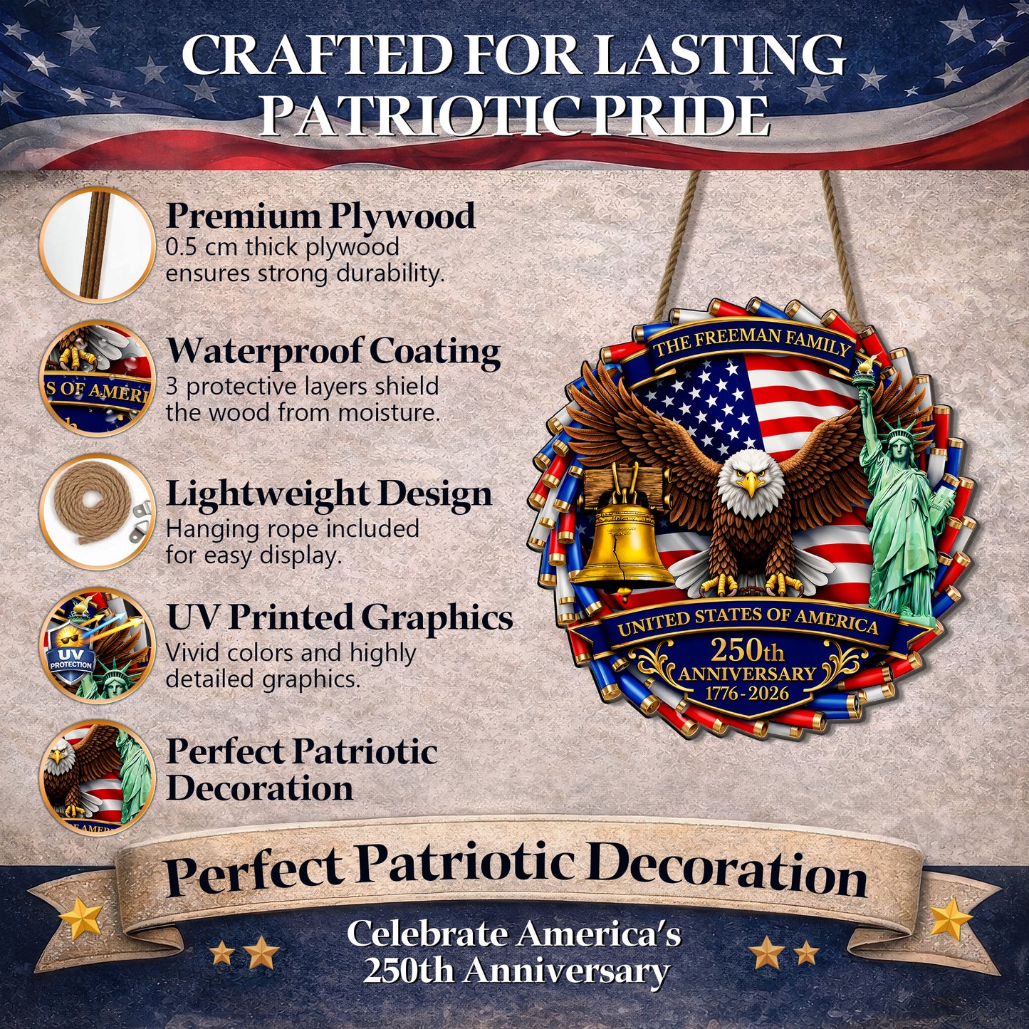 Custom Red White Blue Casing Eagle 250th Anniversary Wood Sign