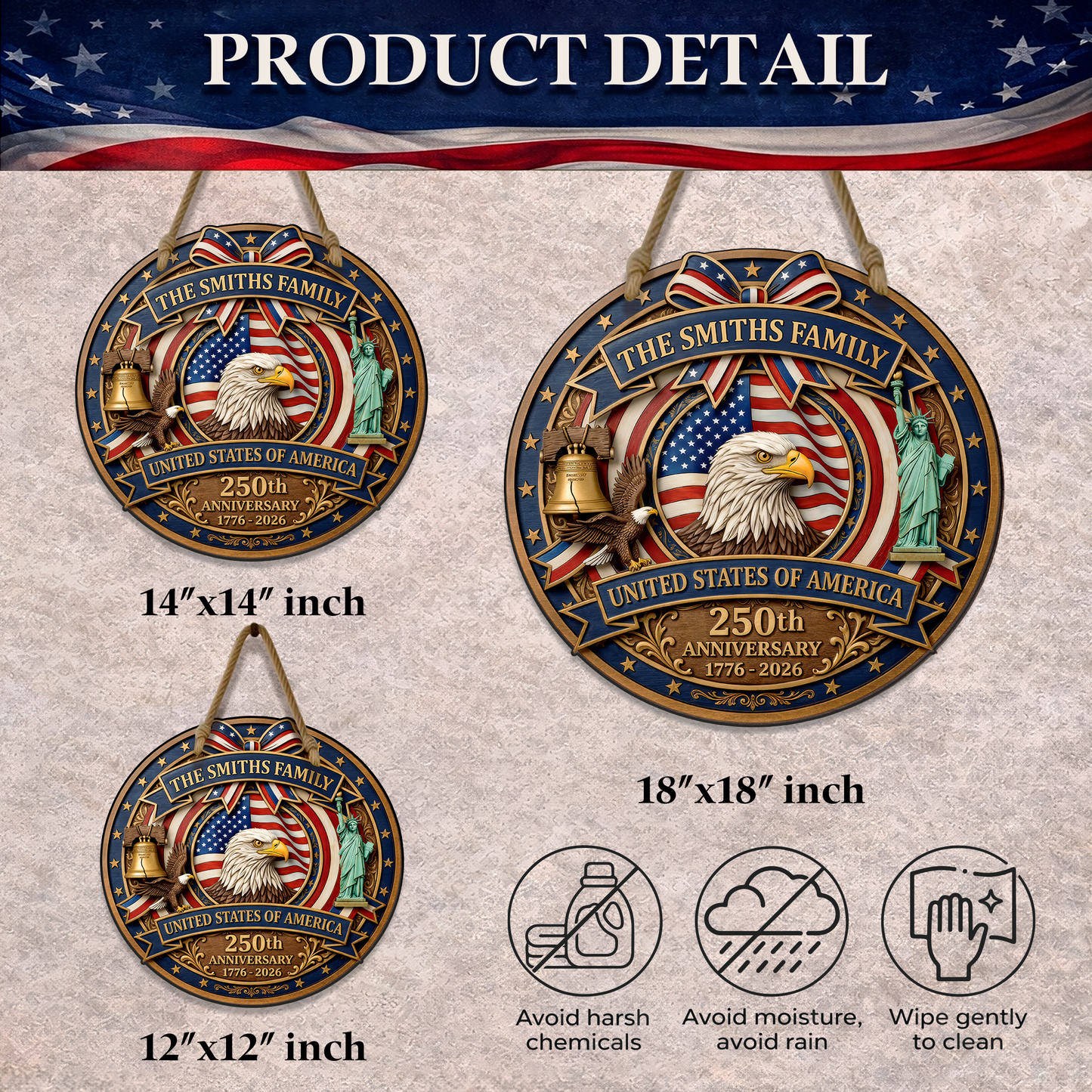 Custom USA 250th Anniversary Wooden Sign, Patriotic Door Hanging Decor