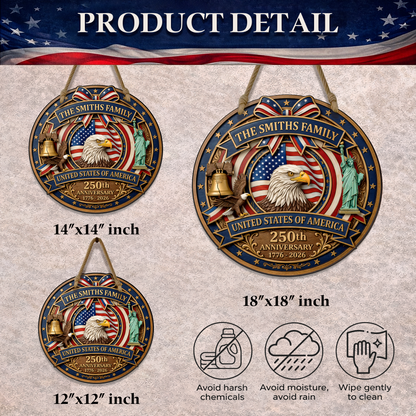 Custom USA 250th Anniversary Wooden Sign, Patriotic Door Hanging Decor