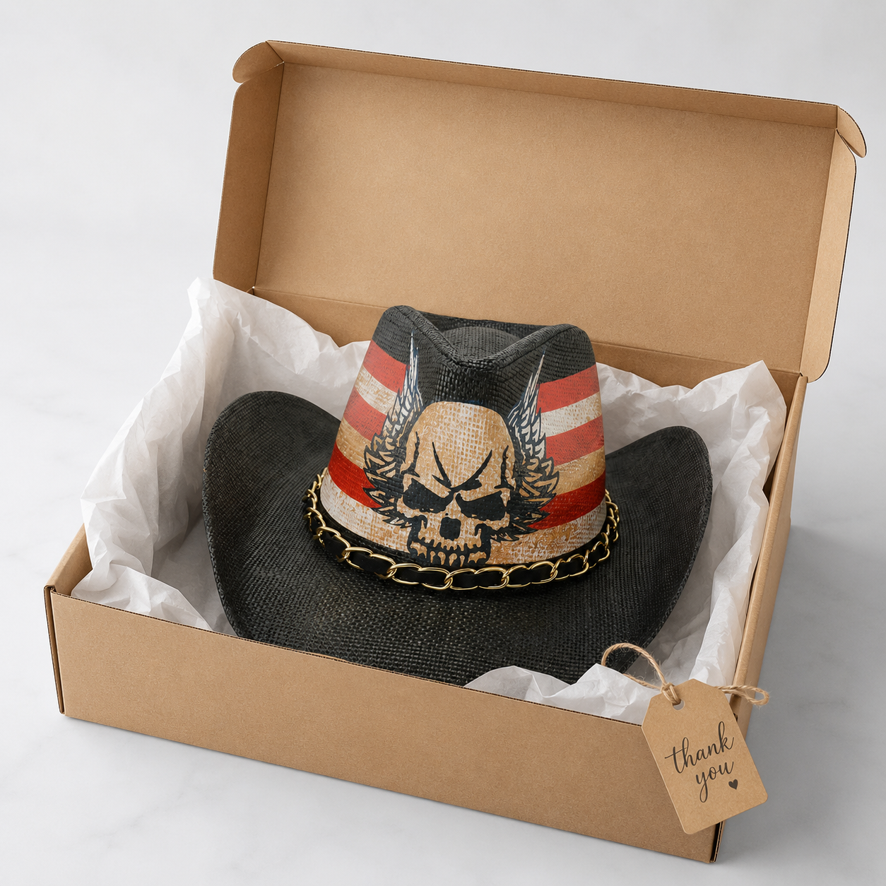 Patriotic Skull Cowboy Fedora Hat, USA Western Biker
