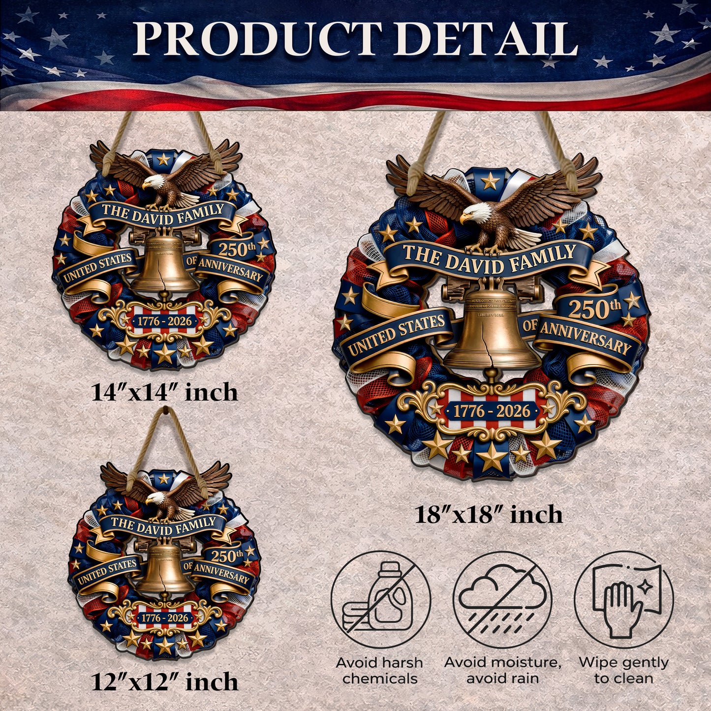 Personalized Patriotic Wood Sign Wreath, USA 250th Anniversary Eagle Bell