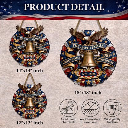 Personalized Patriotic Wood Sign Wreath, USA 250th Anniversary Eagle Bell