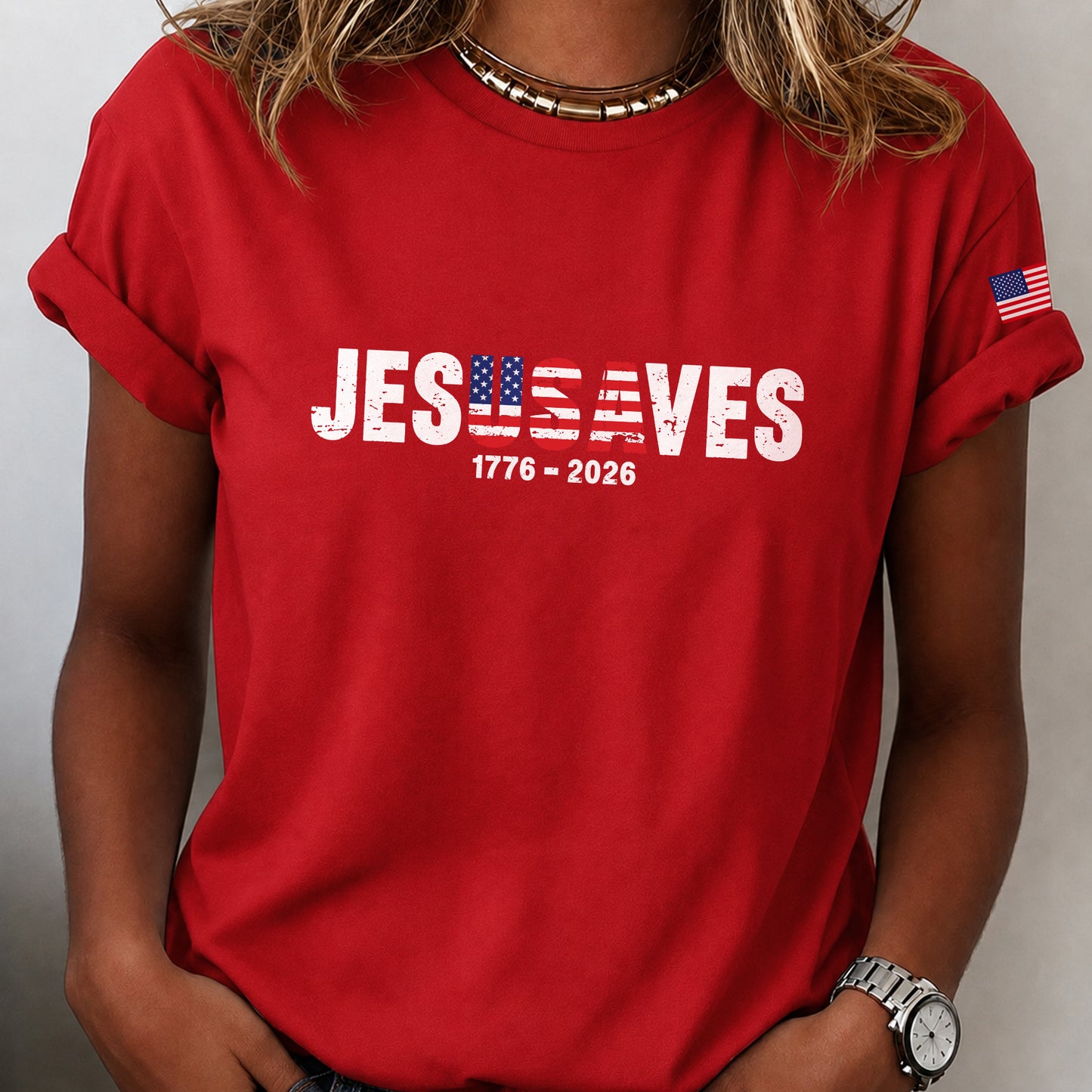 Christian Patriot Jesusave America Flag Sleeve Print T-shirt