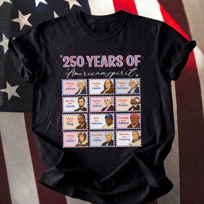 Black t-shirt with '250 Years of American Spirit' design featuring historical figures on a flag background