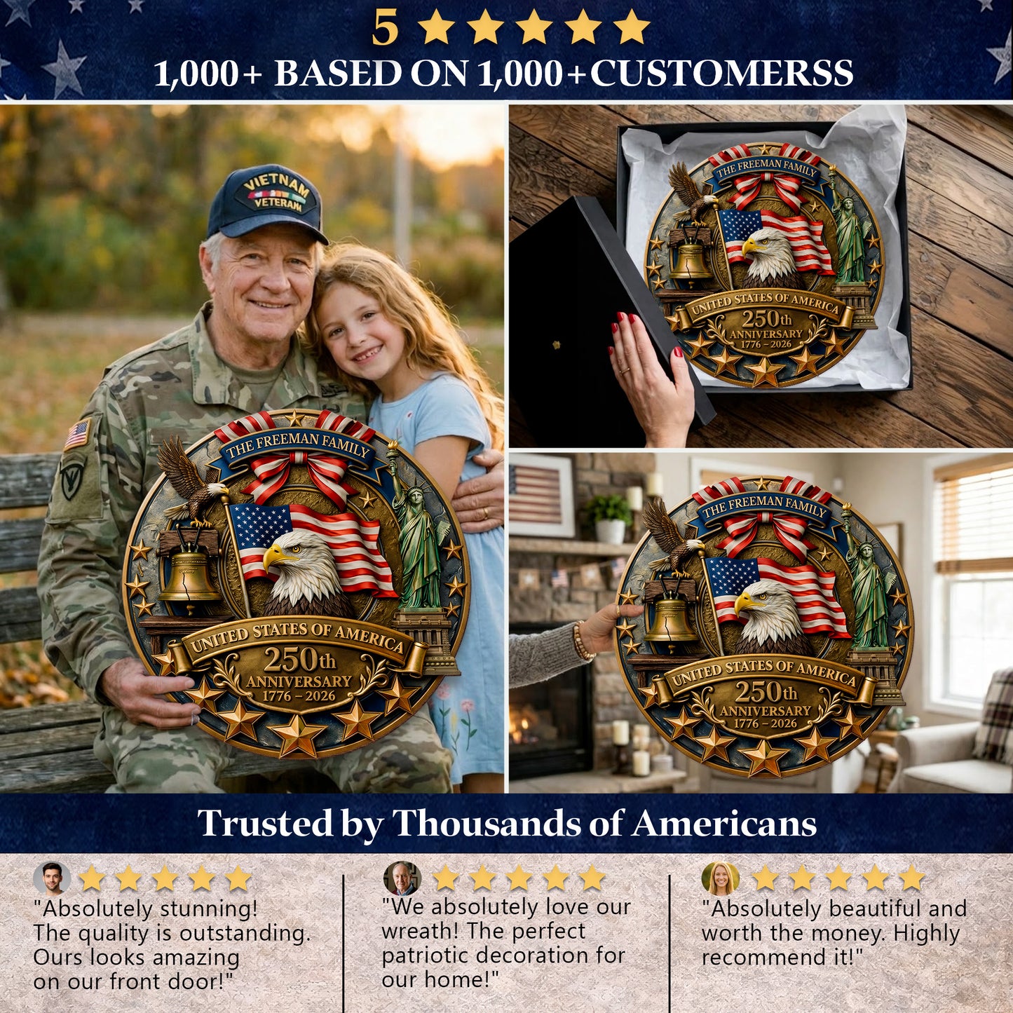 Personalized America 250th Anniversary Wood Wreath, Patriotic Door Sign