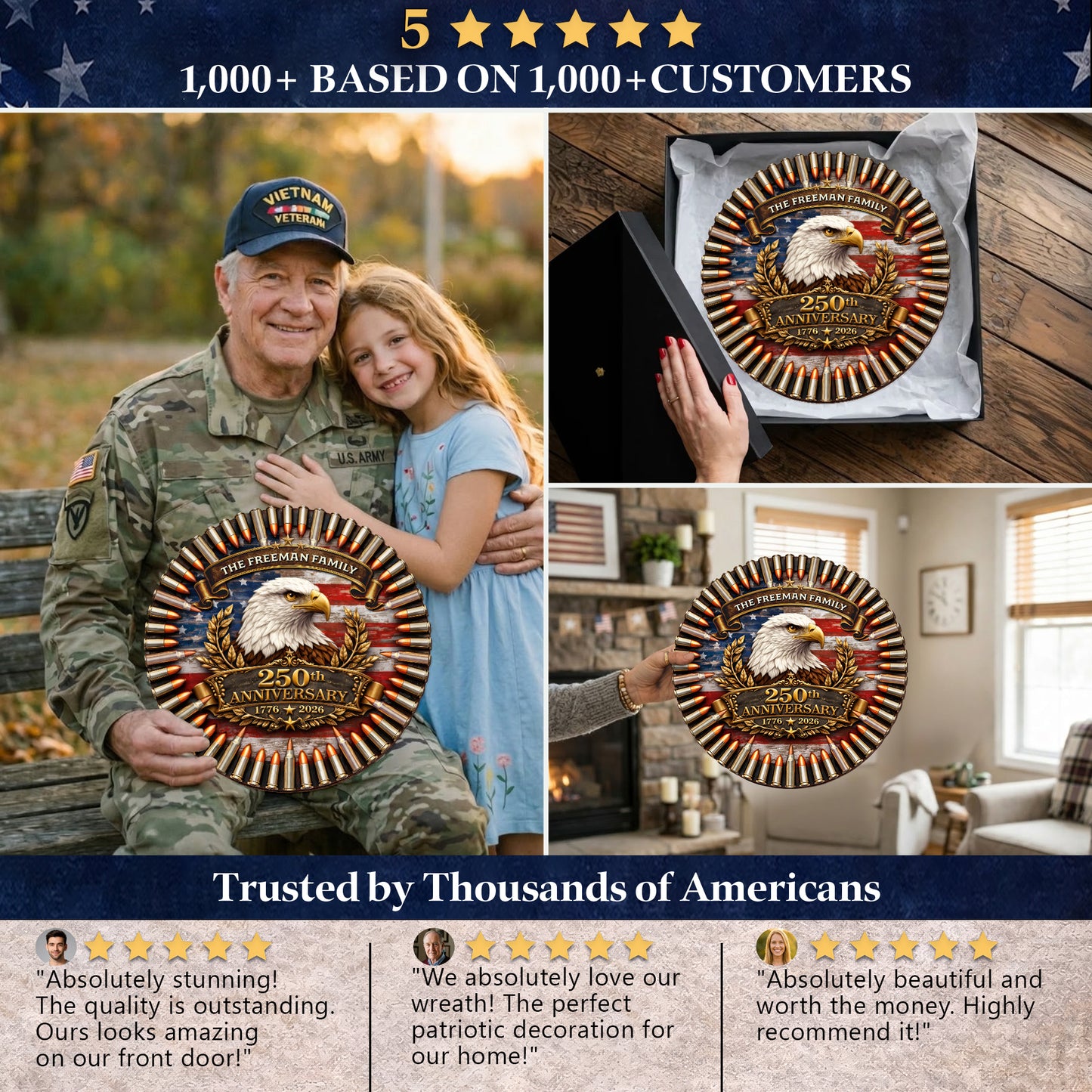 Custom Family Bullet Circle Wooden Sign America 250th Anniversary Veteran