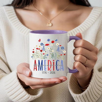 America 250 Years Floral Freedom Mug – Patriotic Wildflower Design (1776–2026)