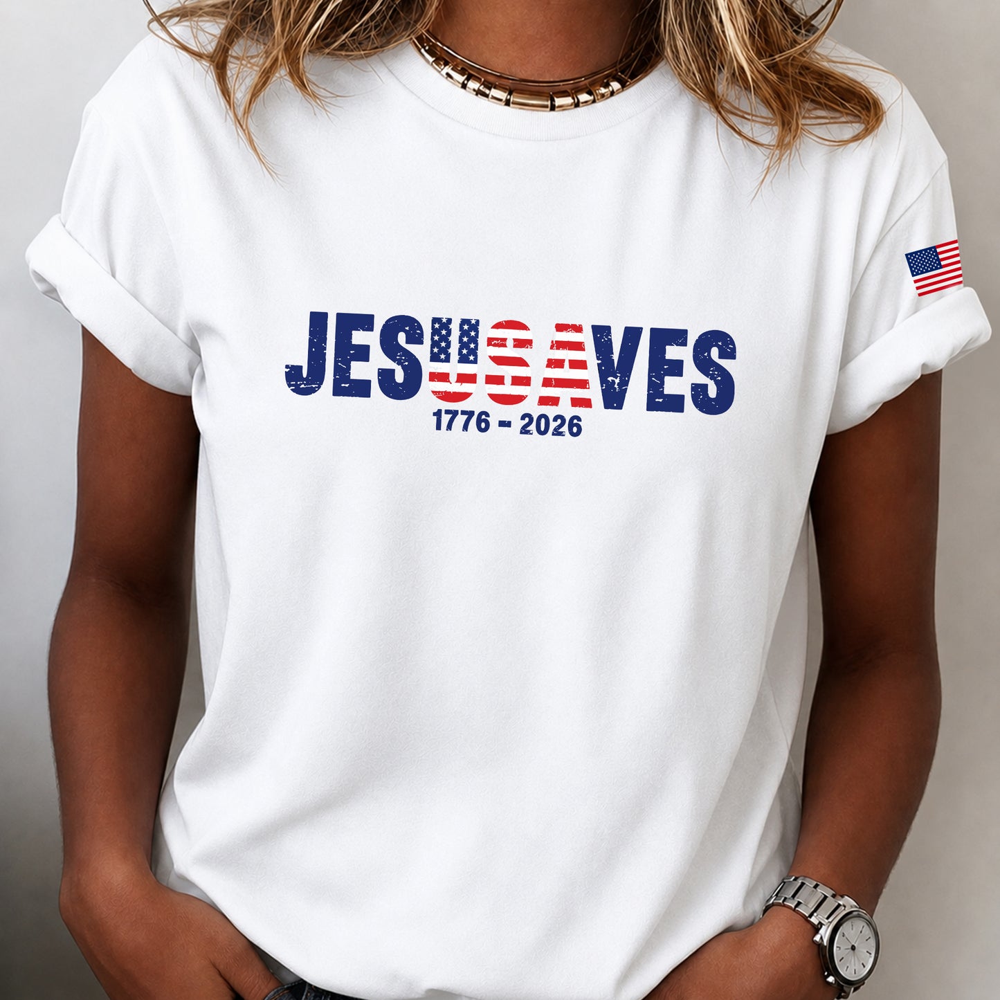 Christian Patriot Jesusave America Flag Sleeve Print T-shirt