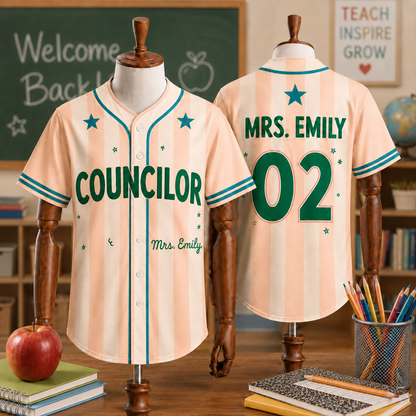 Custom Teacher Baseball Jersey, Personalized Title & Name Pinstripe Shirt