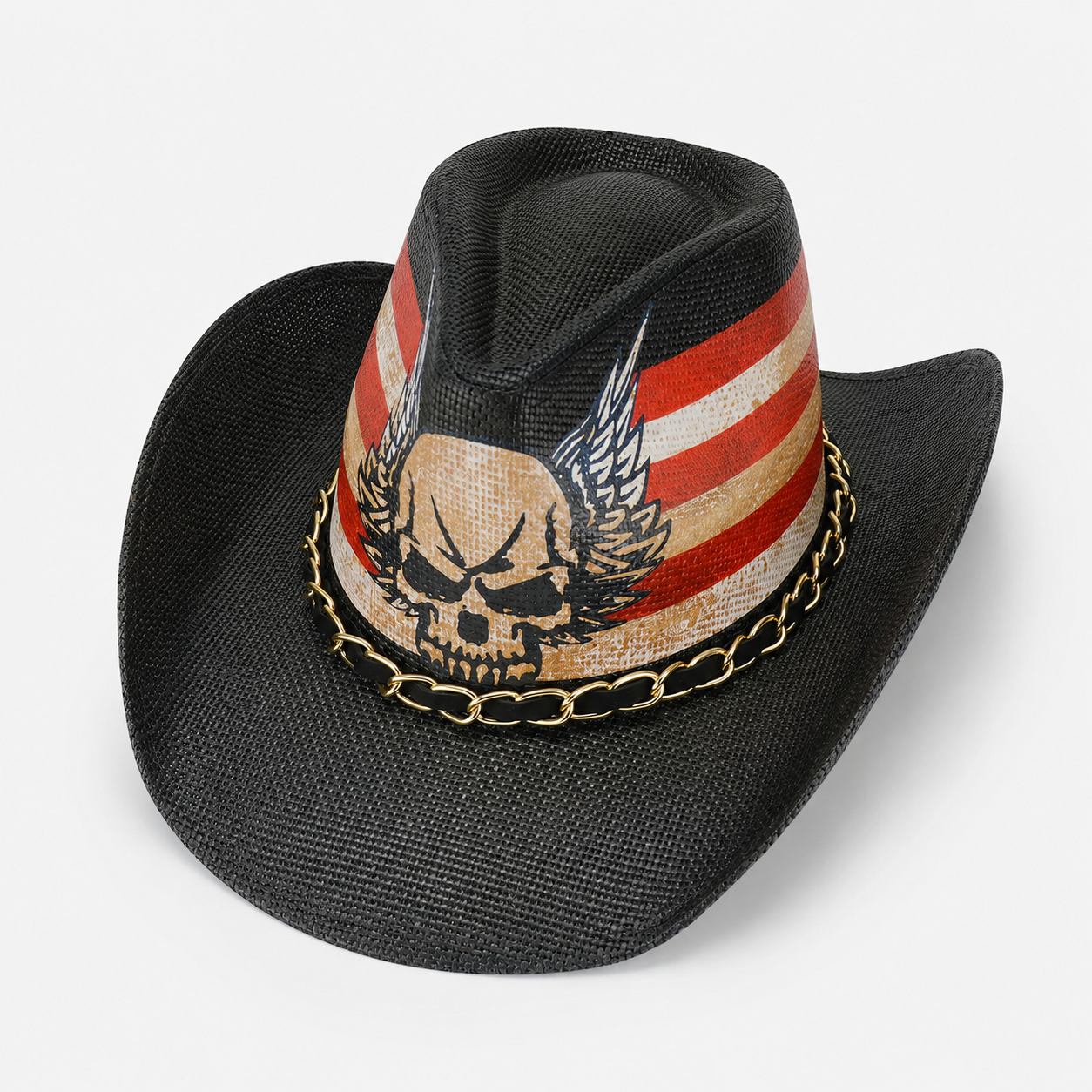 Patriotic Skull Cowboy Fedora Hat, USA Western Biker