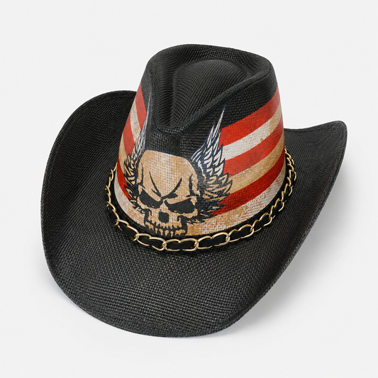 Patriotic Skull Cowboy Fedora Hat, USA Western Biker