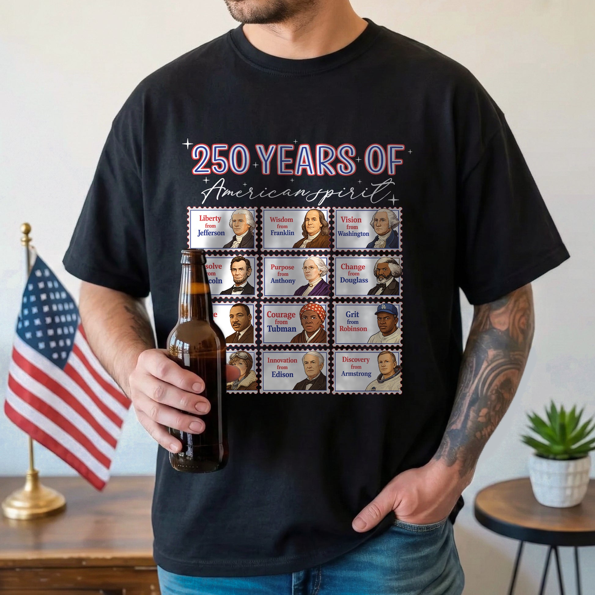 Person wearing a black t-shirt with a graphic design and holding a beer bottle, with an American flag in the background.