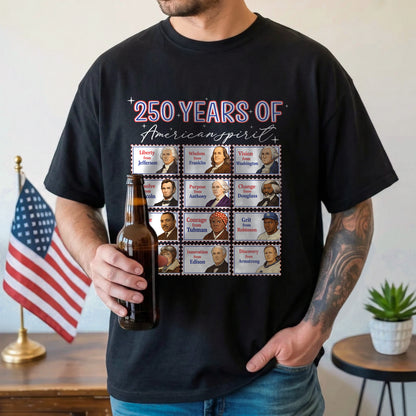 Person wearing a black t-shirt with a graphic design and holding a beer bottle, with an American flag in the background.