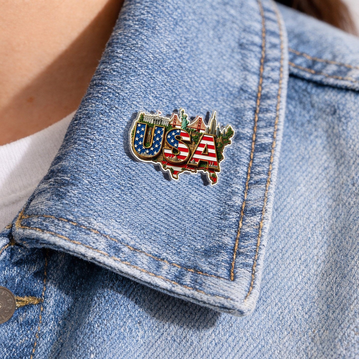 USA Flag Landmark Acrylic Pins – Silver Butterfly Clutch Set for Jackets, Hats & Gifts