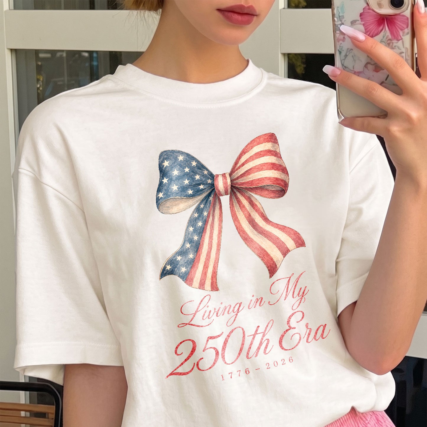 Living in my 250th ERA Coquette Bow, America Semiquincentennial Comfort Colors Shirt