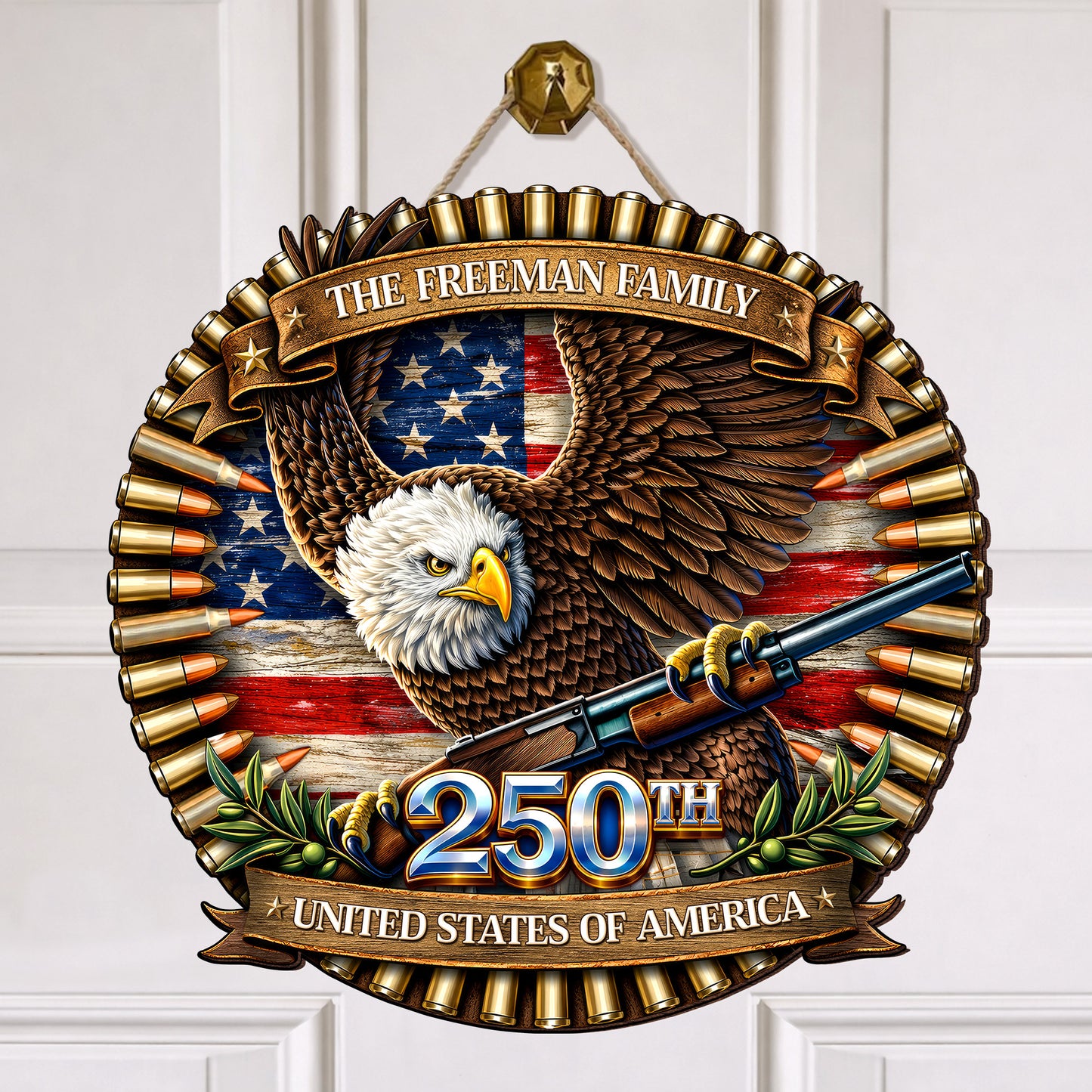 Custom Bullet Eagle Holding Gun 250th Anniversary Wood Sign