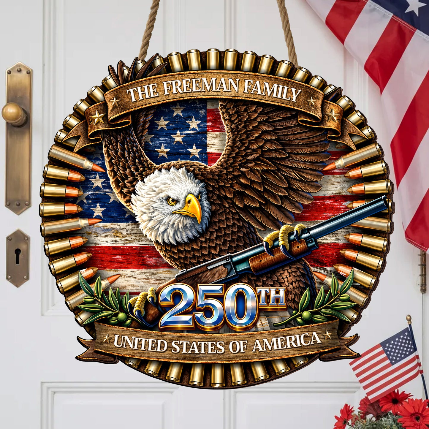 Custom Bullet Eagle Holding Gun 250th Anniversary Wood Sign