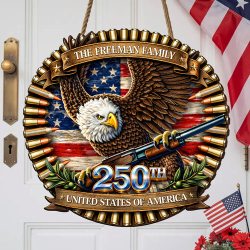 Custom Bullet Eagle Holding Gun 250th Anniversary Wood Sign