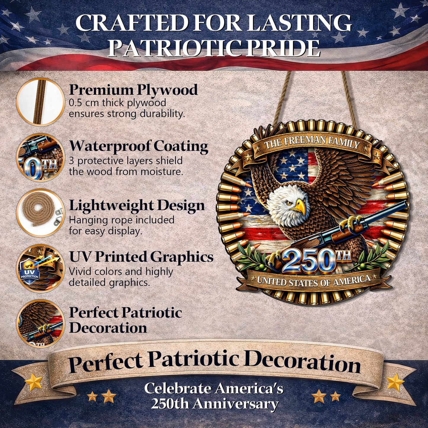 Custom Bullet Eagle Holding Gun 250th Anniversary Wood Sign