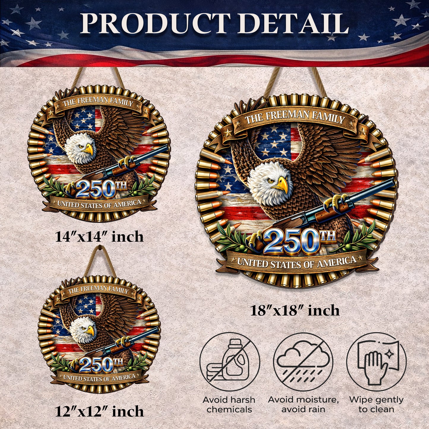 Custom Bullet Eagle Holding Gun 250th Anniversary Wood Sign