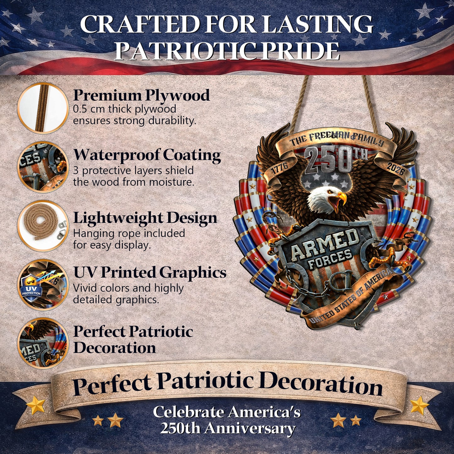 Custom Family Eagle Armed Forces 250th Anniversary Wood Sign