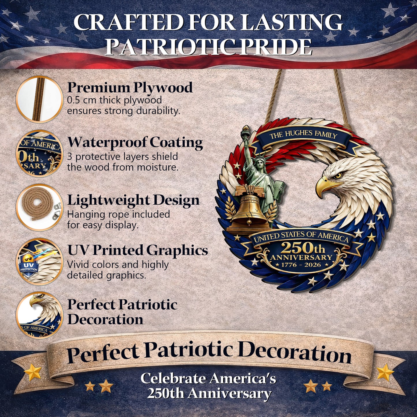 Custom Wood Sign - Personalized America 250th Anniversary - Bald Eagle Patriotic