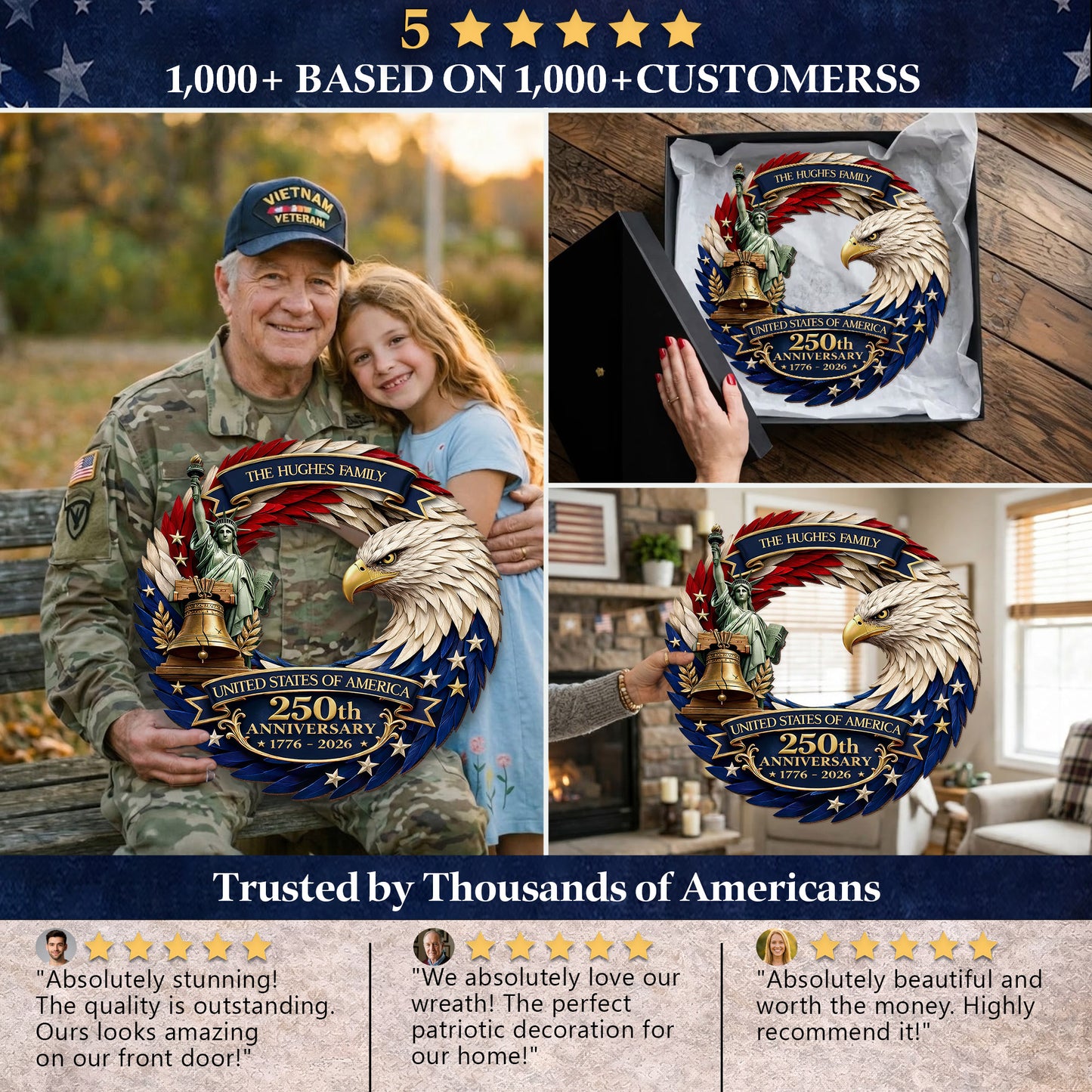 Custom Wood Sign - Personalized America 250th Anniversary - Bald Eagle Patriotic