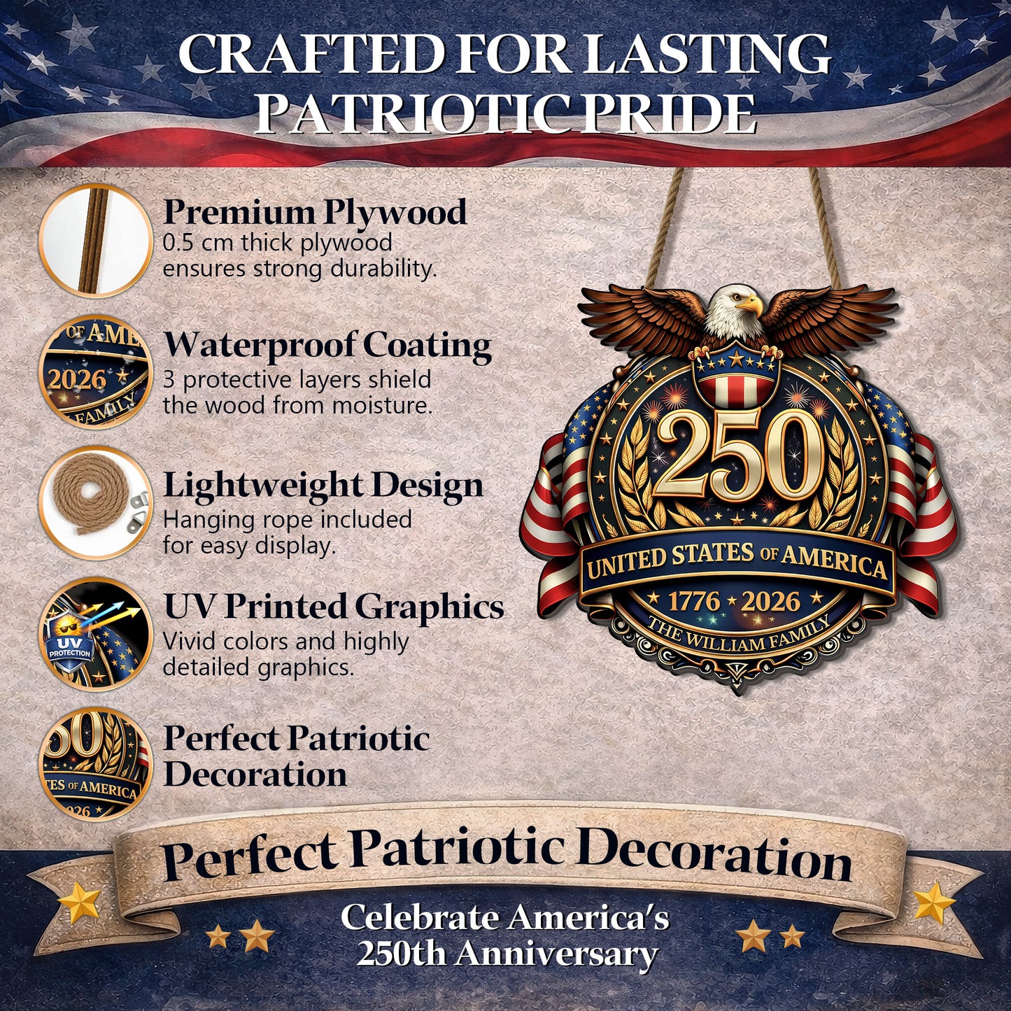 Custom Wood Sign - Personalized America 250th Anniversary Gifts For Mom, Dad, Brother, Sister, Kids