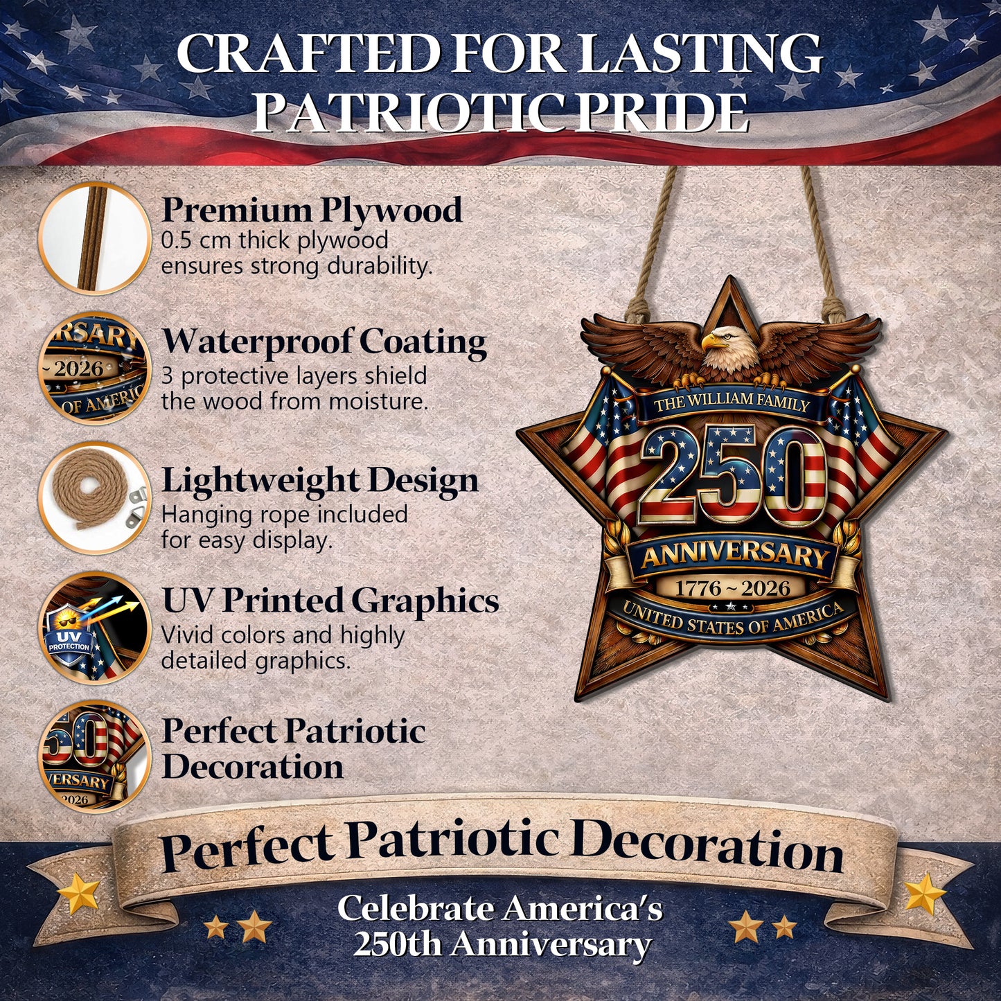 Custom Wood Sign - Personalized America 250th Anniversary Gifts For Mom, Dad, Brother, Sister, Kids - Built On Hope And Courage