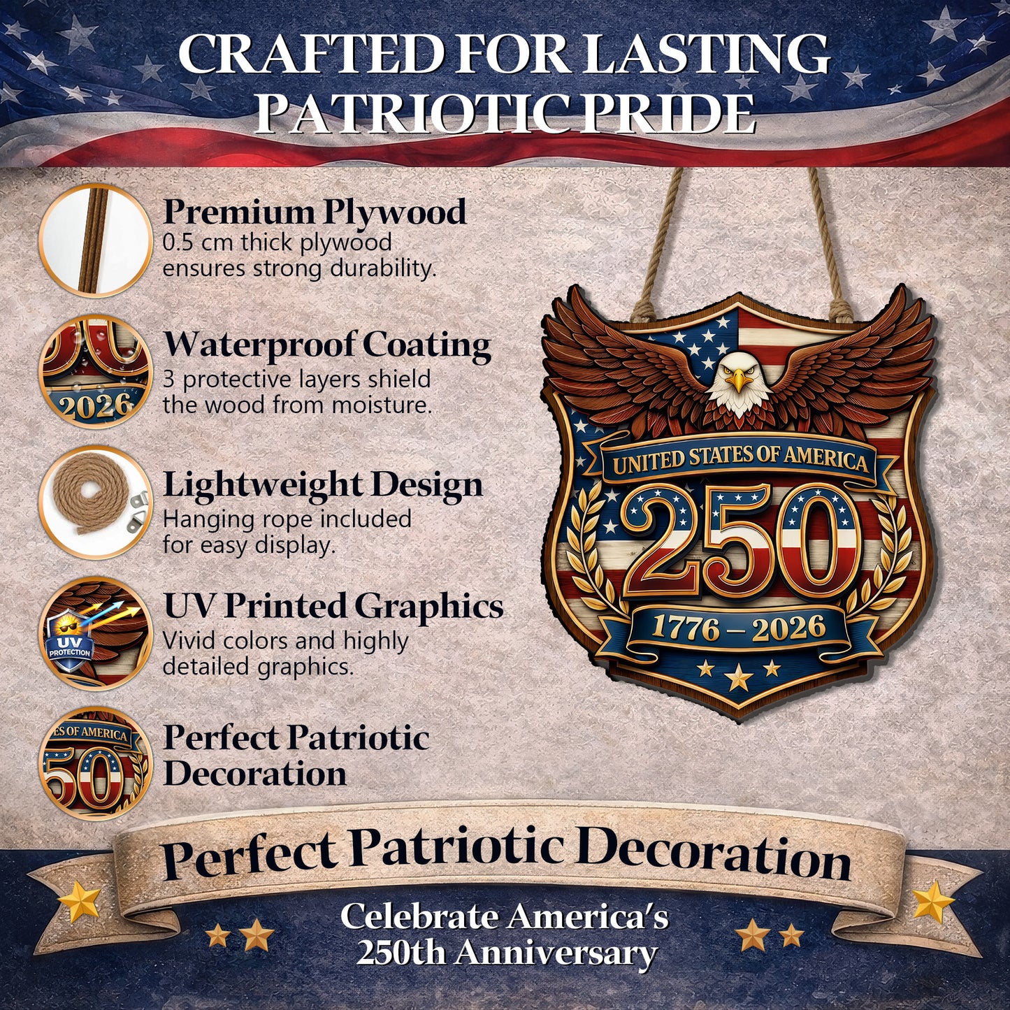 Custom Wood Sign - Personalized America 250th Anniversary Gifts For Mom, Dad, Brother, Sister, Kids
