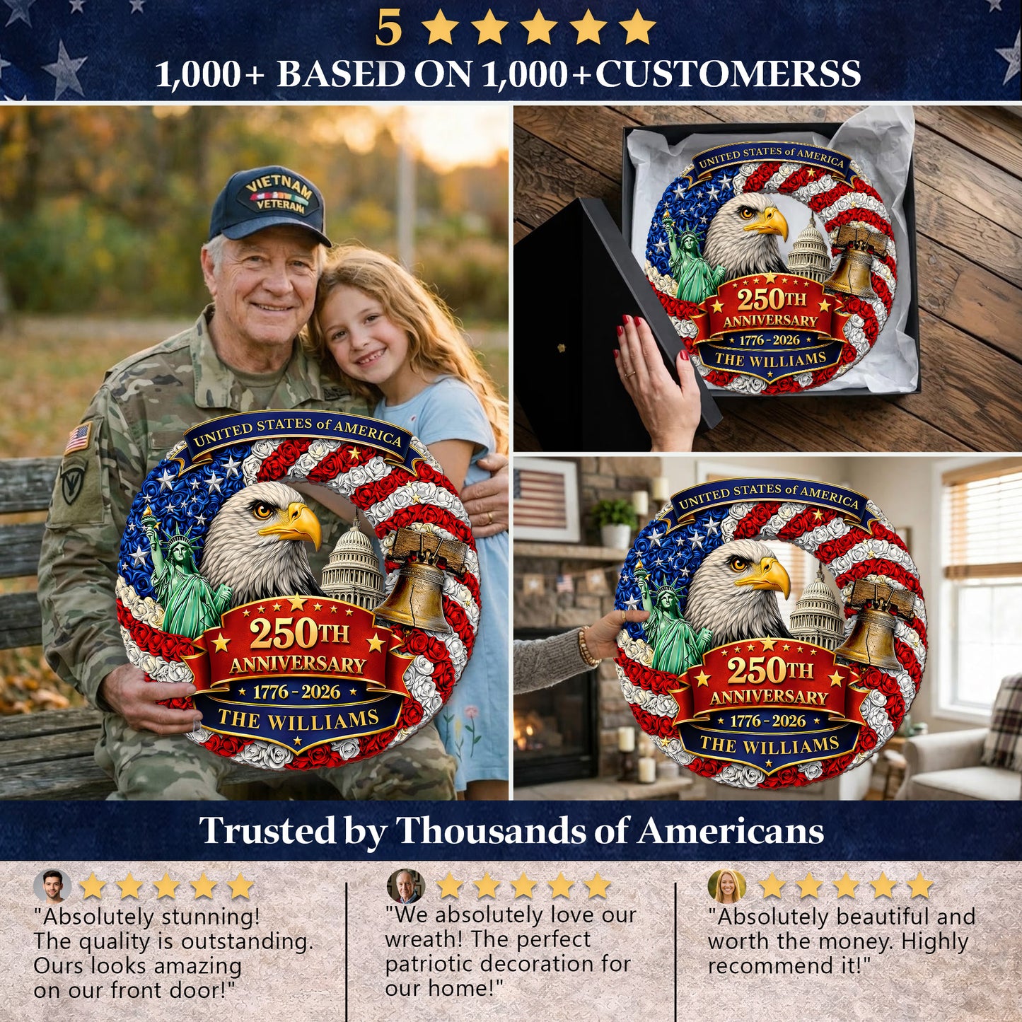 Custom Wood Sign - Personalized America 250th Anniversary Gifts For Mom, Dad, Brother, Sister, Kid