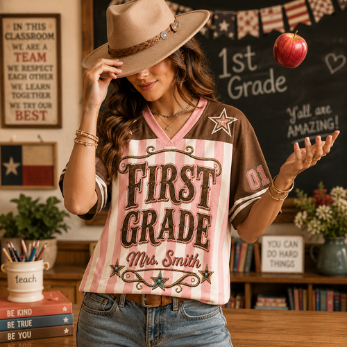 Custom Grade Level Teacher Mesh Jersey, Southern Cowgirl Teacher