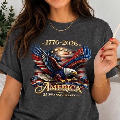 Washed TShirt America 250th Anniversary Bald Eagle Patriotic Vintage 1776–2026