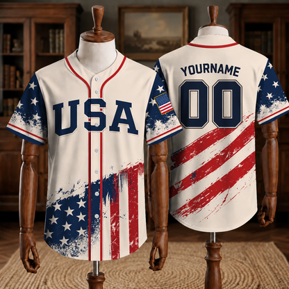 Custom Patriotic USA Baseball Jersey, Personalized Name and Number American Flag Shirt